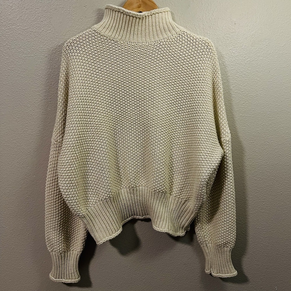 Chunky Knit Sweater Cream Mock Neck Oversized Batwing Fisherman Cabincore Sz XL